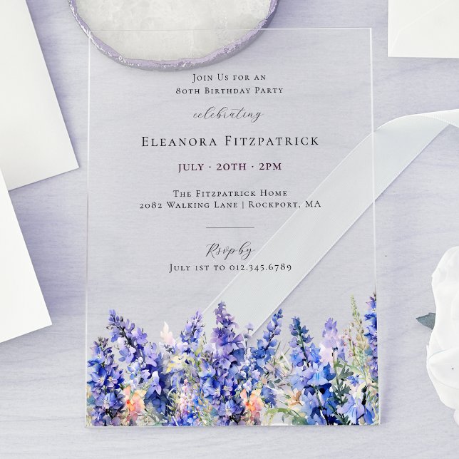 80th Birthday Blue Larkspur July Birth Flower Acrylic Invitations (Creator Uploaded)