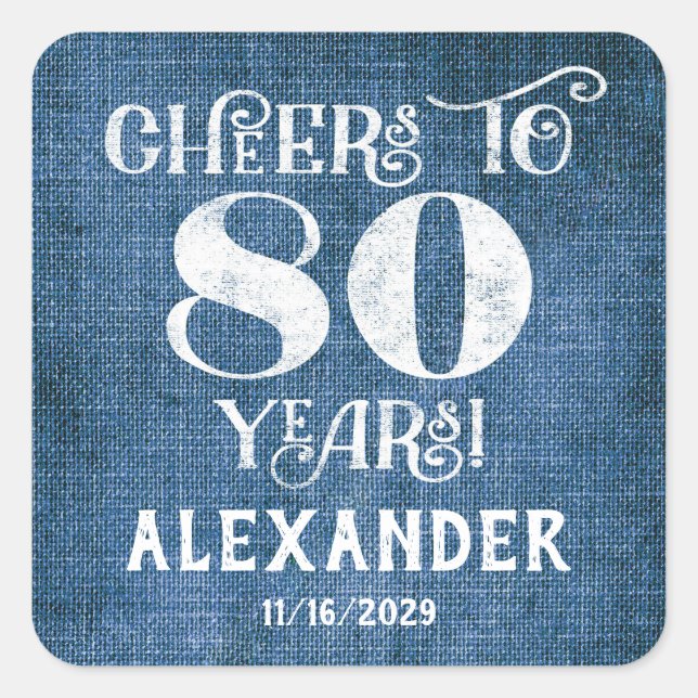 80th Birthday Blue Linen Thank You Favour Stickers (Front)