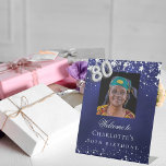80th Birthday blue silver stars photo welcome Pedestal Sign<br><div class="desc">A welcome sign for a 80th birthday party.  A navy blue background with elegant faux silver stars. The blue colour is uneven.  Personalize and add a photo,  name and text.  White letters. 
Back: no design</div>