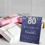 80th Birthday blue silver stars welcome party Pedestal Sign<br><div class="desc">A welcome sign for a 80th birthday party.  A navy blue background with elegant faux silver stars. The blue colour is uneven.  Personalize and add a name and text.  White letters.</div>
