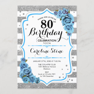 80th Birthday - Blue Silver White Stripes Invitation