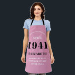 80th Birthday Born 1941 Pink Black Lady's Apron<br><div class="desc">A personalized classic pink apron design for that birthday celebration for somebody born in 1941 and turning 80. Add the name to this vintage retro style pink, white and black design for a custom 80 birthday gift. Easily edit the name and year with the template provided. A wonderful custom birthday...</div>