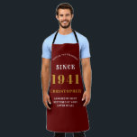 80th Birthday Born 1941 Red Gold Man's Apron<br><div class="desc">A personalized classic red apron design for that birthday celebration for somebody born in 1941 and turning 80. Add the name to this vintage retro style red, white and gold design for a custom 80th birthday gift. Easily edit the name and year with the template provided. A wonderful custom birthday...</div>