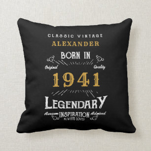 80th Birthday Born 1941 Retro Black Personalized Throw Pillow
