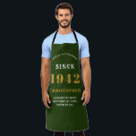80th Birthday Born 1942 Green Gold Man's Apron<br><div class="desc">A personalized classic green apron design for that birthday celebration for somebody born in 1942 and turning 80. Add the name to this vintage retro style green, white and gold design for a custom 80th birthday gift. Easily edit the name and year with the template provided. A wonderful custom birthday...</div>