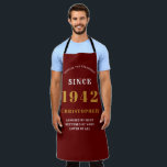 80th Birthday Born 1942 Red Gold Man's Apron<br><div class="desc">A personalized classic red apron design for that birthday celebration for somebody born in 1942 and turning 80. Add the name to this vintage retro style red, white and gold design for a custom 80th birthday gift. Easily edit the name and year with the template provided. A wonderful custom birthday...</div>