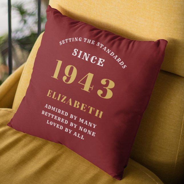80th Birthday Born 1943 Loved Add Your Name Red Throw Pillow (Creator Uploaded)