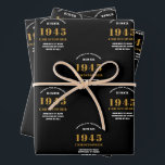 80th Birthday born 1945 Add Name Black Gold Wrapping Paper Sheet<br><div class="desc">A personalized wrapping paper design for that birthday celebration for a special person. Add the name to this vintage retro style black and gold design for a custom birthday gift. Easily edit the name and year with the template provided. A wonderful custom birthday gift. More gifts and party supplies for...</div>