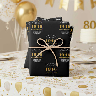 80th Birthday born 1946 Add Name Black Gold Wrapping Paper Sheet