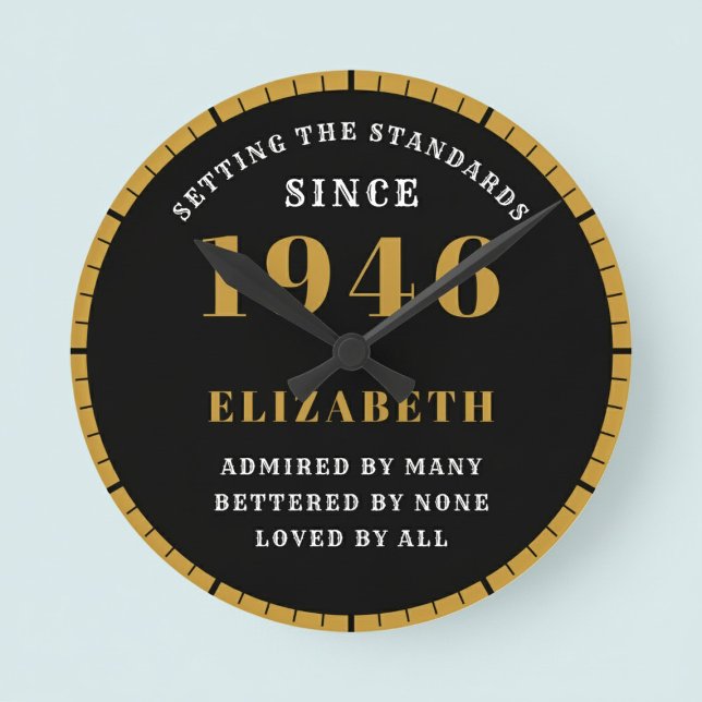 80th Birthday Born 1946 Black Gold Round Clock (Born 1946 standards birthday clock. Pastel background.)