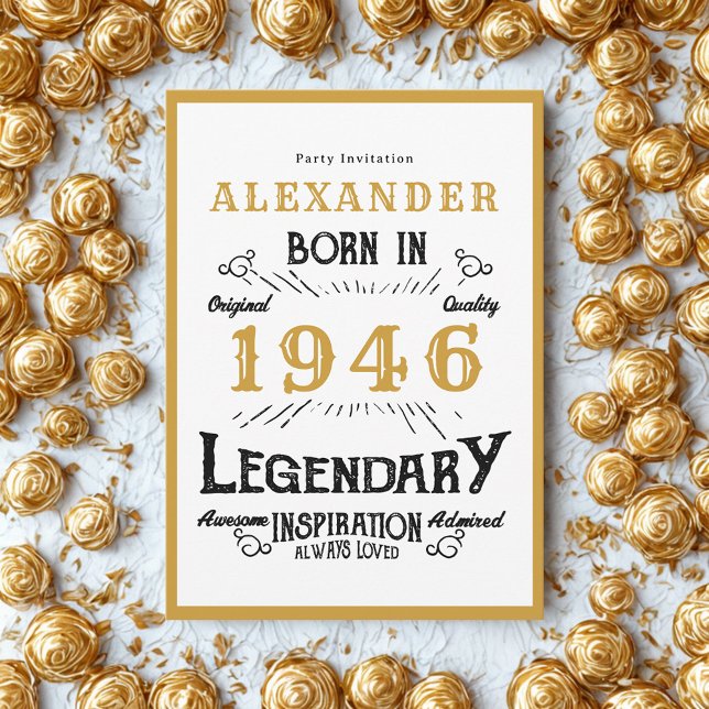 80th Birthday Born 1946 White Gold Legend Invitation (Born 1946 birthday invitation.)
