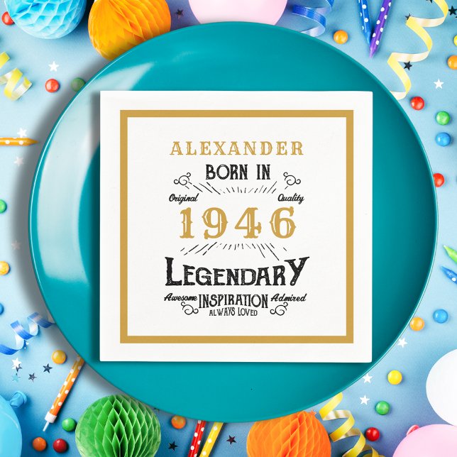 80th Birthday Born 1946 White Gold Legend Napkin (Born 1946 napkin on a blue plate.)