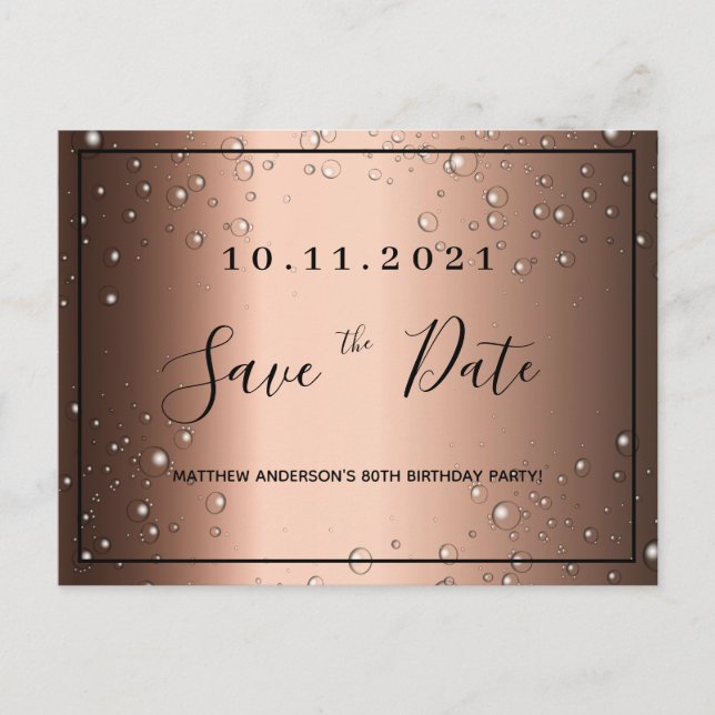 80th birthday bronze black metallic save the date postcard (Front)