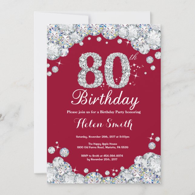 80th Birthday Burgundy Red and Silver Diamond Invitation (Front)