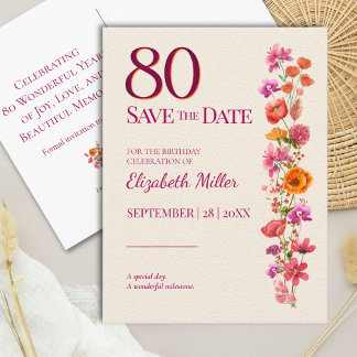80th Birthday Burgundy Wildflower Save the Date Announcement Postcard