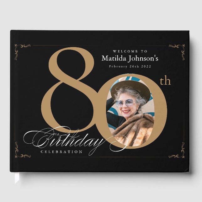 80th Birthday Calligraphy Gold Black Custom Photo Guest Book (Front)