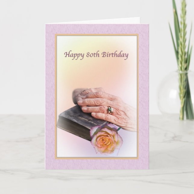 80th Birthday Card with Aged Hands and Bible (Front)