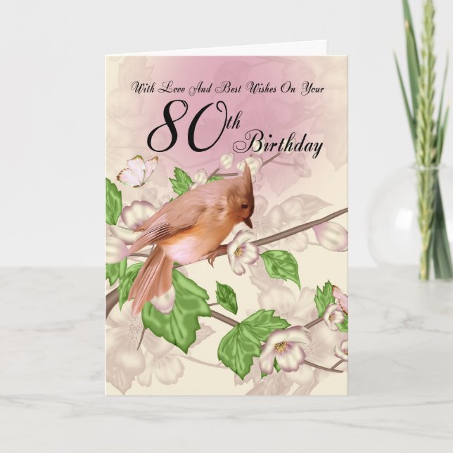 80th Birthday Card With Bird And Blossom (Front)