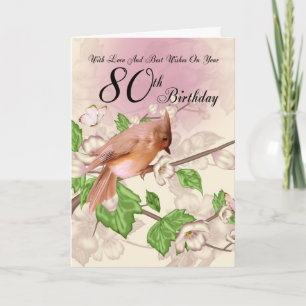 80th Birthday Card With Bird And Blossom