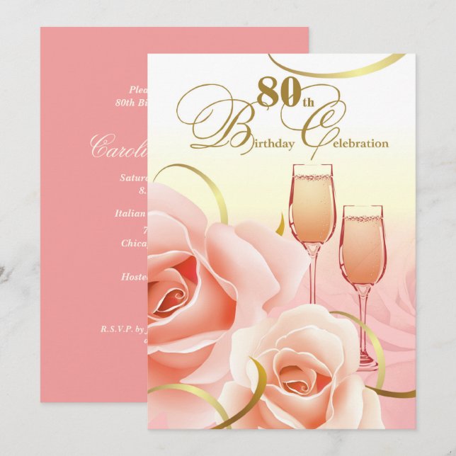 80th Birthday Celebration. Pink Peach Roses Invitation (Front/Back)