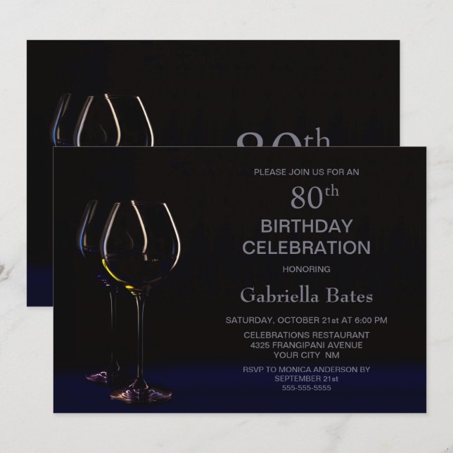80th Birthday  Celebration Wine Glass Party Invitation (Front/Back)
