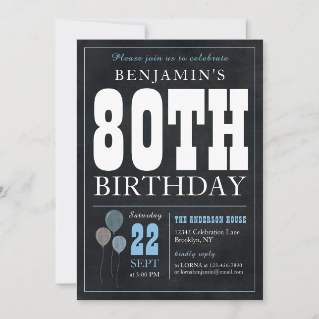 80th Birthday Chalkboard Blue Balloon Rustic Chic Invitation (Front)