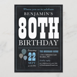 80th Birthday Chalkboard Blue Balloon Rustic Chic Invitation