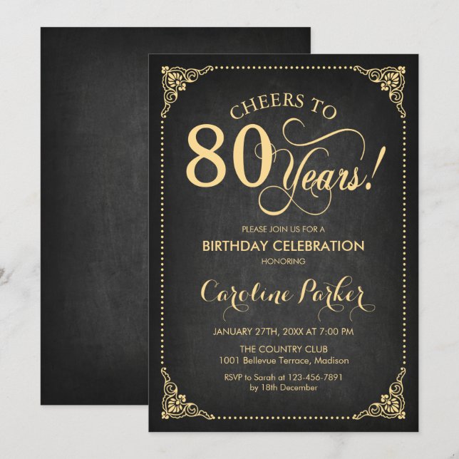80th Birthday - Chalkboard Gold Invitation (Front/Back)