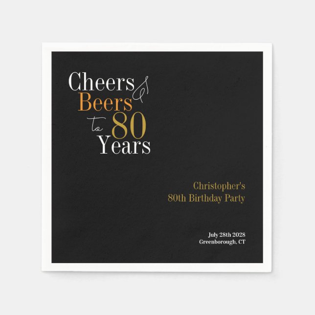 80th Birthday Cheers and Beers Party Black Gold Napkin (Front)