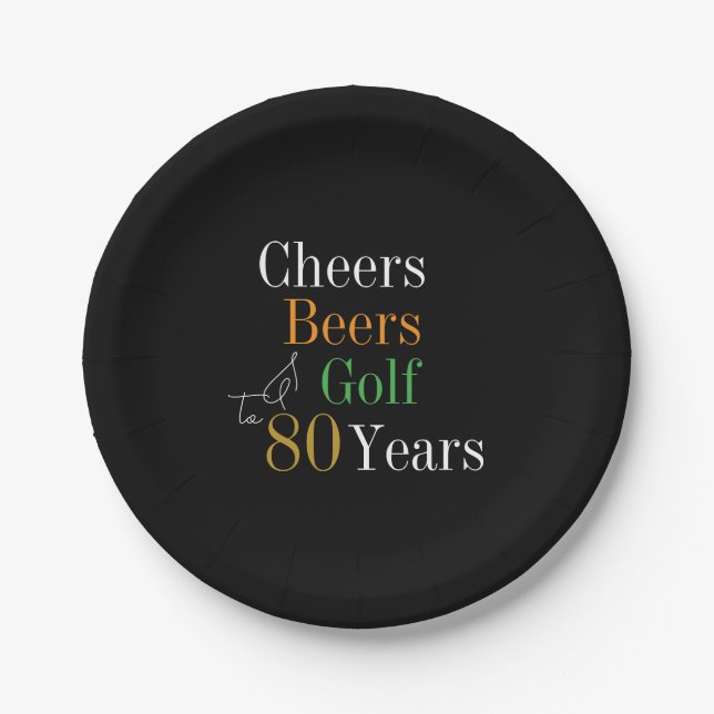 80th Birthday Cheers Beers Golf Black Gold Party Paper Plate (Front)