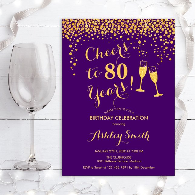 80th Birthday - Cheers To 80 Years Gold Purple Invitation (Creator Uploaded)