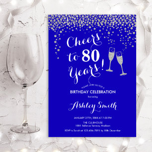 80th Birthday - Cheers To 80 Years Royal Blue Invitation