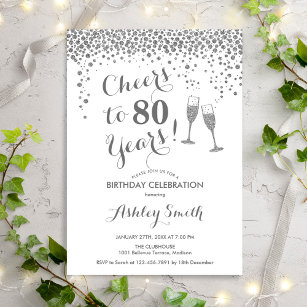 80th Birthday - Cheers To 80 Years Silver White Invitation
