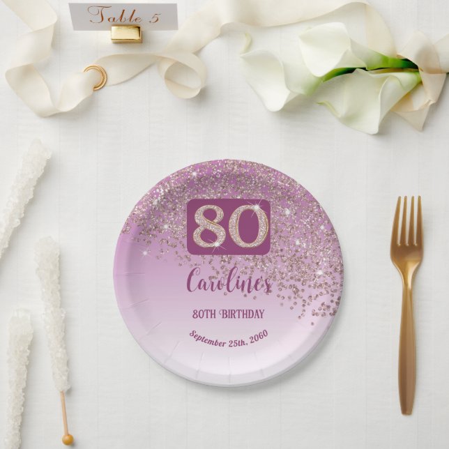 80th Birthday Chic Falling Rose Gold Glitter Paper Plate (Wedding)