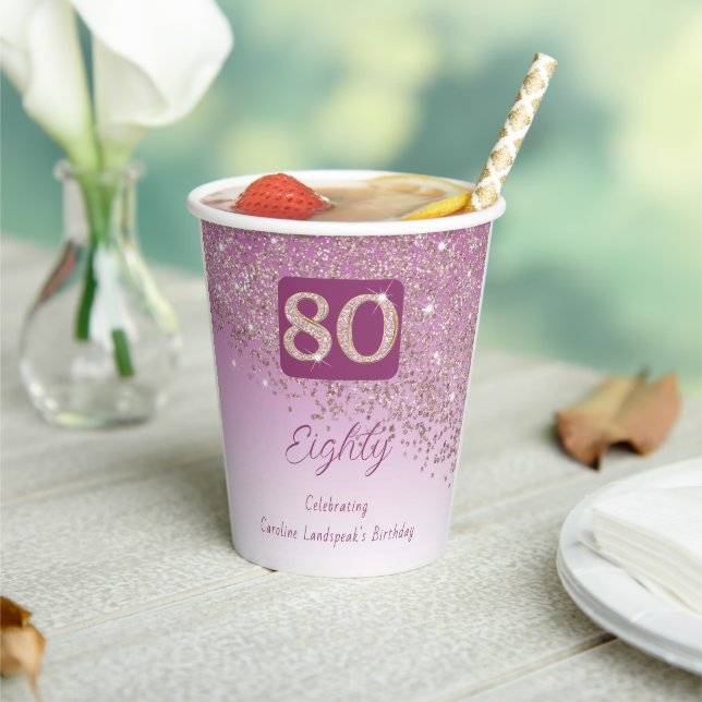 80th Birthday Classy Falling Rose Gold Glitter Paper Cups (Insitu)