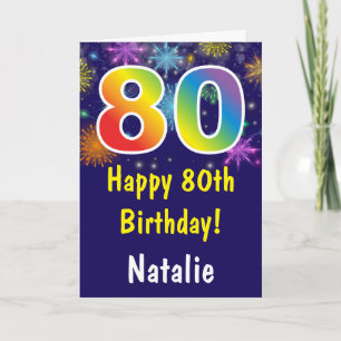 80th Birthday Colorful Rainbow Fireworks Navy Blue Card