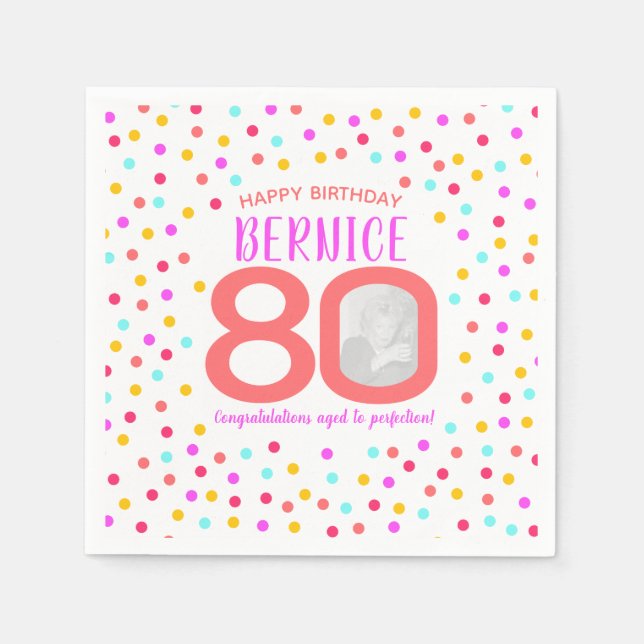 80th birthday colourful coral confetti custom phot napkin (Front)