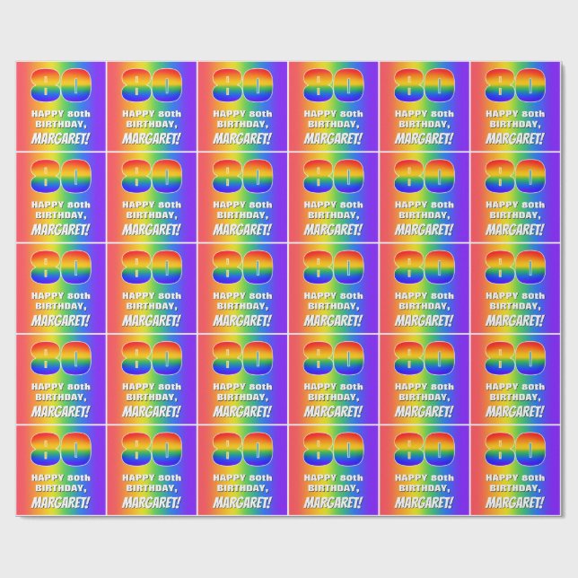 80th Birthday: Colourful, Fun Rainbow Pattern # 80 Wrapping Paper (Flat)