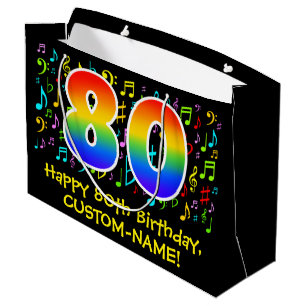 80th Birthday - Colourful Music Symbols, Rainbow 8 Large Gift Bag