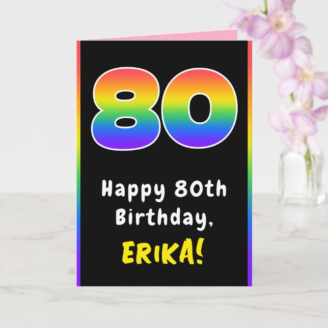 80th Birthday: Colourful Rainbow # 80, Custom Name Card (Orchid)