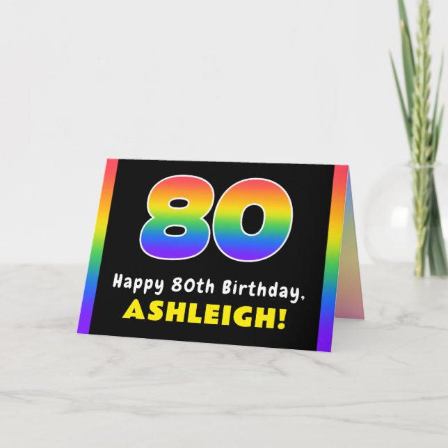 80th Birthday: Colourful Rainbow # 80, Custom Name Card (Front)