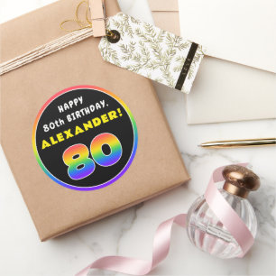 80th Birthday: Colourful Rainbow # 80, Custom Name Classic Round Sticker