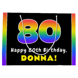 80th Birthday: Colourful Rainbow # 80, Custom Name Large Gift Bag