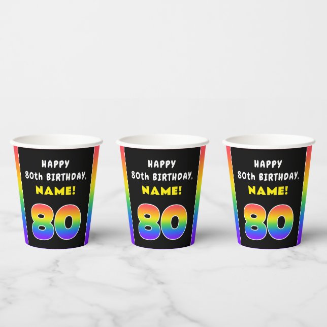 80th Birthday: Colourful Rainbow # 80, Custom Name Paper Cups (Multi)