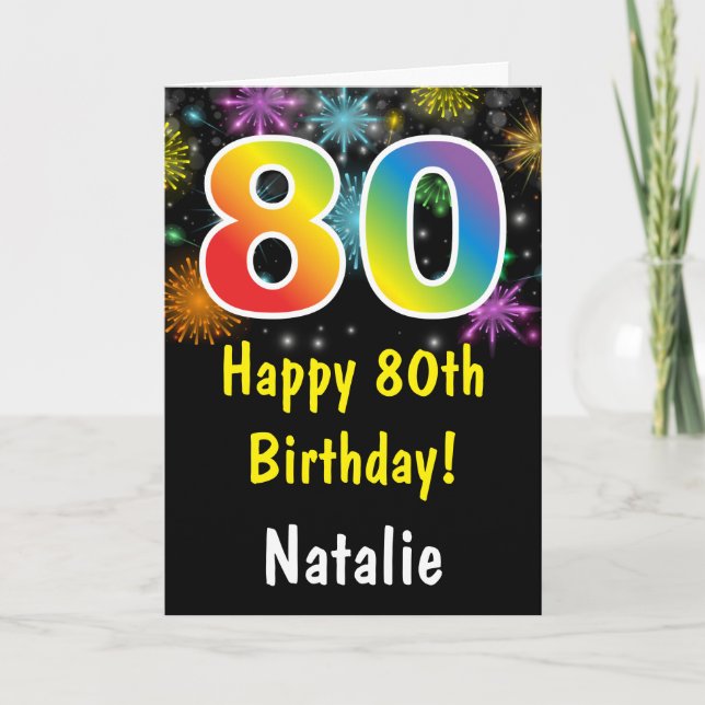 80th Birthday Colourful Rainbow Fireworks Card (Front)