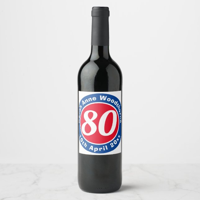 80th Birthday Commemoration with Name, Age, & Date Wine Label (Front)