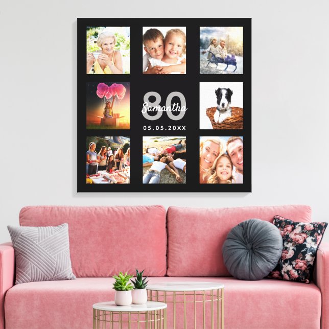 80th birthday custom photo collage black monogram canvas print (Insitu(LivingRoom))