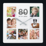 80th birthday custom photo collage family square wall clock<br><div class="desc">A wall clock as a gift for a 80th birthday for a woman, celebrating her life with a collage of 7 of your photos. Personalize and add a name, age 80 and a date. Date of birth or the date of the anniversary. Black and grey coloured letters. A chic white...</div>
