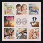 80th birthday custom photo collage rose gold name faux canvas print<br><div class="desc">A unique 80th birthday gift or keepsake, celebrating her life with a collage of 8 of your photos. Add images of her family, friends, pets, hobbies or dream travel destination. Personalize and add a name, age 80 and a date. Grey and dark rose gold coloured letters. A chic black background....</div>