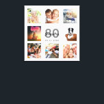 80th birthday custom photo collage white monogram canvas print<br><div class="desc">A unique 80th birthday gift or keepsake, celebrating her life with a collage of 8 of your photos. Add images of her family, friends, pets, hobbies or dream travel destination. Personalize and add a name, age 80 and a date. Grey and black coloured letters. A chic white background. This canvas...</div>